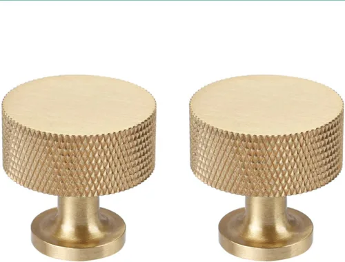 RZDEAL 2 pomos de latón macizo para gabinetes, cajones y aparadores, pomos dorados modernos moleteados (1 x 1 pulgada x 0.984 in), acabado de latón