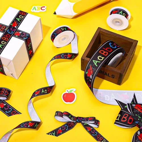 Miniatura 5 de JarThenaAMCS 3 rollos de cinta de grogrén Vuelta al Colegio, cinta de grogrén con temática escolar, cinta de grogrén con estampado ABC, cinta