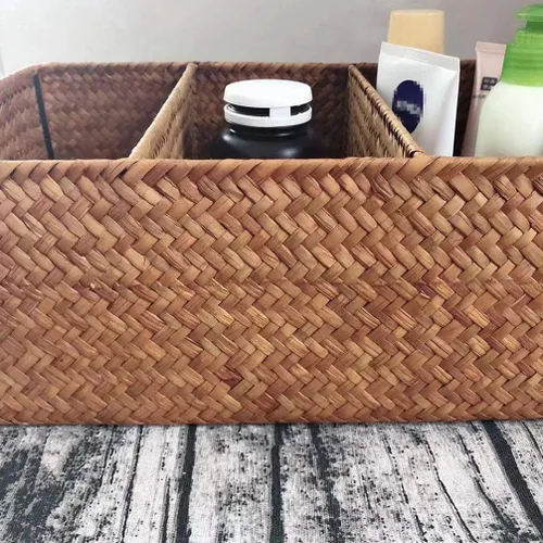 Miniatura 3 de Cesta tejida a mano de algas marinas Caja de almacenamiento tejida de 3 compartimentos para decoración de escritorio para el hogar, baño, oficina