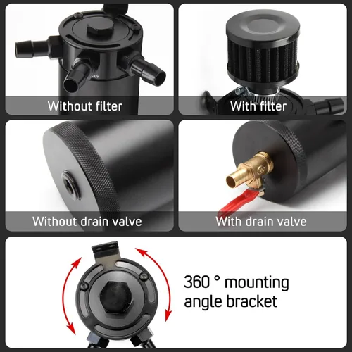 Miniatura 6 de Kit universal de tanque de reserva de aceite para coche de 150ml, compacto deflector de 3 puertos separador de aceite 2 entradas 1 salida negro