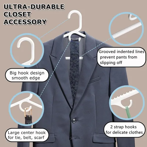 Miniatura 3 de Amber Home Paquete de 36 perchas de plástico resistentes, perchas blancas antideslizantes con barra para pantalones, perchas de plástico grueso