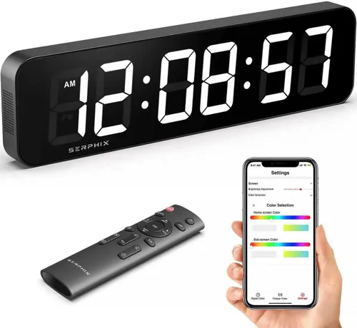 Reloj de pared digital grande de 15.2 pulgadas, color RGB personalizable, aplicación y control remoto, reloj LED de 6 dígitos con segundos, alarma,