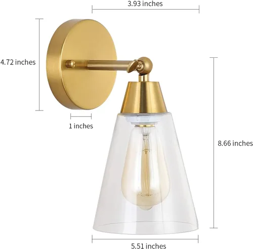 Miniatura 4 de MWZ Juego de 2 apliques de pared dorados, modernos apliques de latón cepillado con pantalla de vidrio transparente, accesorios de iluminación
