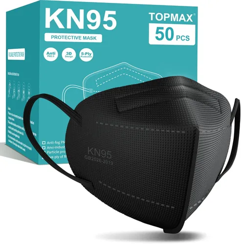 TOPMAX Mascarillas KN95, paquete de 50 unidades, 5 capas, transpirables, eficiencia de filtro ≥95%, protección contra el polvo, mascarillas