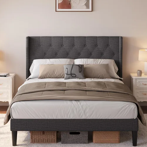 Miniatura 4 de Aiho Base de cama de tamaño matrimonial con cabecera copetuda con botones en la parte trasera, base de cama tapizada, soporte de listones de madera