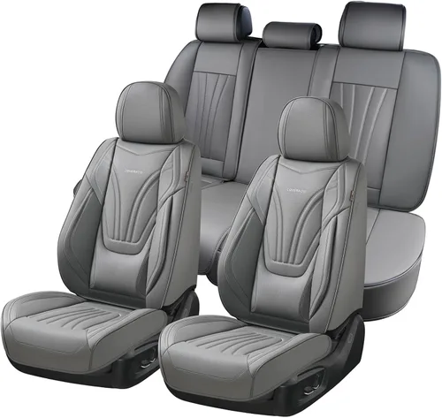Miniatura 21 de Coverado Fundas para Asientos de Coche, Protector de Asiento con Soporte Lumbar y Reposacabezas Removible, Cojín de Asiento de Piel Transpirable