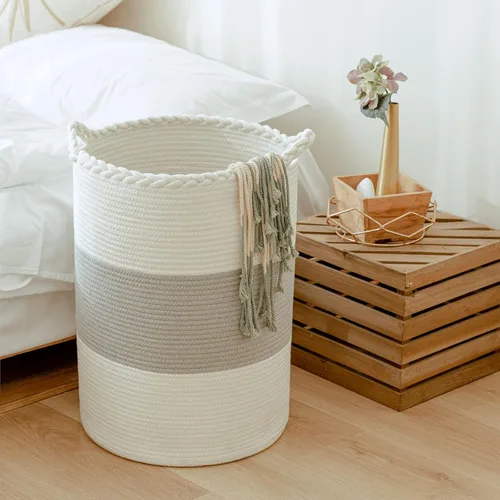 Miniatura 13 de Canasta de lavandería tejida de algodón de 58 litros, cesta alta para ropa, mantas, almohadas, juguetes, zapatos, gran cesta de lavandería