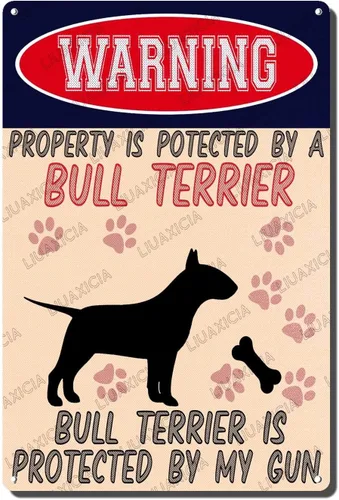Miniatura 21 de LIUAXICIA Letreros divertidos de metal con texto en inglés "Warning Property is Potected by A American Bulldog is Protected by My Gun" The Coffee