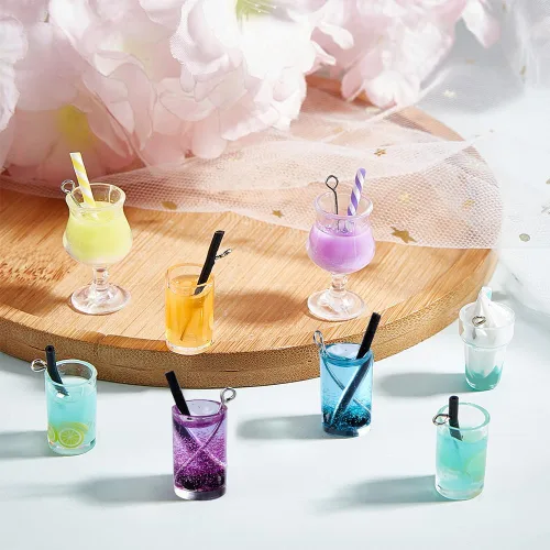 Miniatura 4 de SUNNYCLUE 1 caja de 7 estilos de té con leche y frutas, mini botella, colgantes de helado de Boba para bebidas de imitación, joyería de vidrio, 28