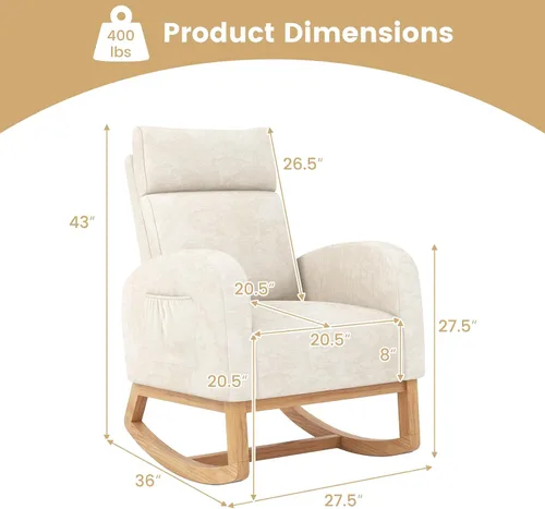Miniatura 3 de Giantex Mecedora para guardería, silla mecedora tapizada de felpilla con bolsillo lateral, marco de madera de goma natural, respaldo alto, sillón