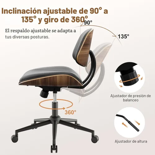 Miniatura 3 de Silla de oficina sin brazos con ruedas, silla de escritorio de piel sintética de altura ajustable, silla de computadora ergonómica giratoria de 360°