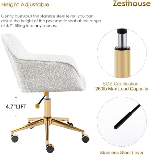 Miniatura 4 de Zesthouse Silla de escritorio moderna con ruedas, silla giratoria blanca para niñas y mujeres, silla tapizada para oficina en casa, sillón Boucle