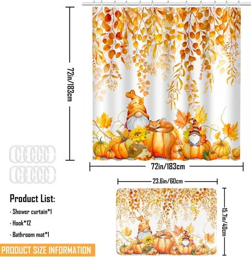 Miniatura 3 de Lutto Cortina de ducha de otoño para baño, juego de baño de otoño con cortina de ducha y alfombras, cortinas de ducha de calabaza de Acción