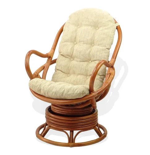 Miniatura 4 de Lounge Set de 2: Silla mecedora giratoria Java de mimbre de ratán natural hecha a mano y otomana Krit con cojín crema, coñac