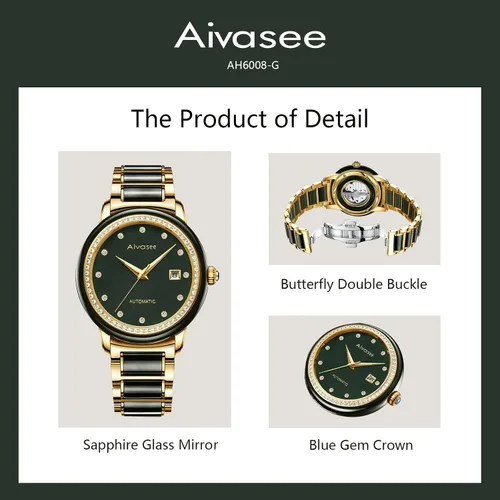 Miniatura 3 de Aivasee Reloj automático de diamantes de lujo para mujer con correa de acero inoxidable chapada en oro y jade negro para mujer, reloj de pulsera