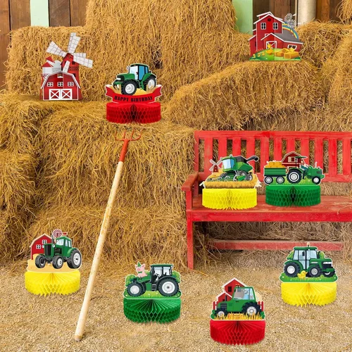 Miniatura 5 de 9 piezas de centro de mesa de nido de abeja de tractor, decoración de fiesta de cumpleaños con temática de tractor verde de granja, decoración