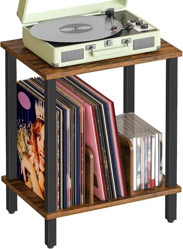 Miniatura 10 de HOOBRO BK05RS01 - Mesa auxiliar pequeña, soporte para tocadiscos de 2 niveles, soporte giratorio de vinilo con almacenamiento de hasta 100 álbumes