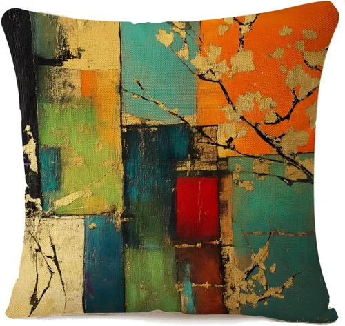 IBILIU Fundas de almohada de 18 x 18 pulgadas con diseño de arte grunge, color verde, rojo y dorado, pintura de óxido, fundas de cojín de lino y