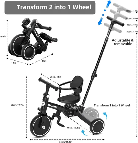 Miniatura 4 de Glaf Triciclo para Niños Pequeños 1-3 Bicicleta para Niños Pequeños con Mango de Empuje 2-4 Años Bicicleta de Bebé Juguete para Niños y Niñas de 1