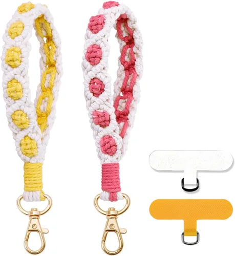 Miniatura 10 de Correa de muñeca para teléfono estilo boho con macramé, cordón para teléfono celular con pestaña de anclaje, llavero con dije de muñeca, cadena