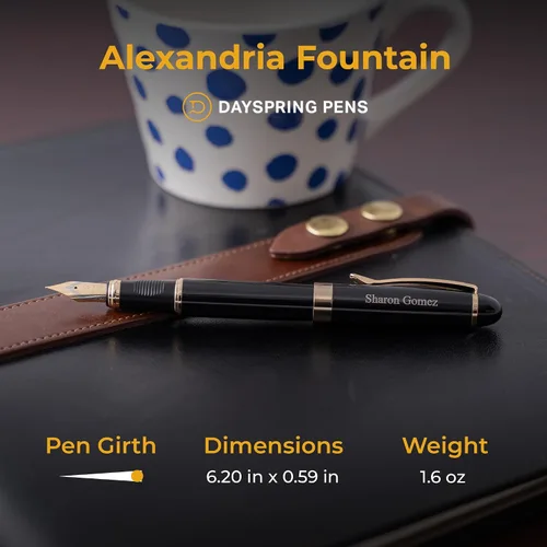 Miniatura 5 de Dayspring Pens Alexandria - Pluma estilográfica negra con borde dorado, punta media, convertidor de tinta y cartuchos de inicio incluidos, grabado