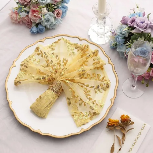 Miniatura 5 de Efavormart Servilletas de tela de cena con hojas de oro brillante y enredaderas bordadas con lentejuelas, servilletas decorativas transparentes