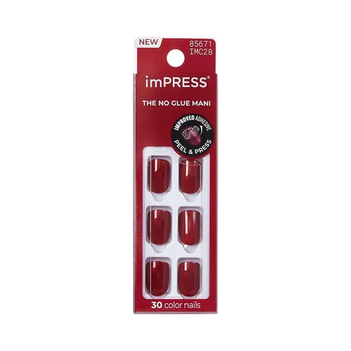 Miniatura 15 de Kiss Impress - Kit de uñas a presión sin pegamento, Over You, 30 uñas rojas para despegar y pegar, squoval corto súper delgado, acabado de gel