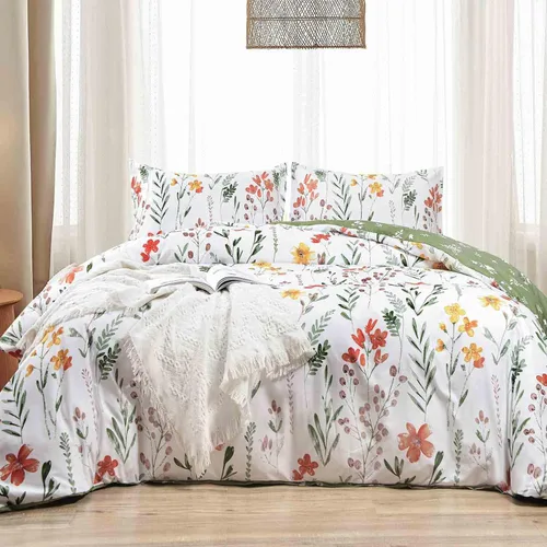 Miniatura 14 de Juego de edredón de tamaño individual, diseño floral blanco y amarillo, estampado de hojas verdes, reversible de plumón alternativo, 68 x 90