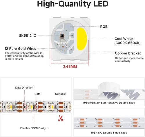 Miniatura 4 de BTF-LIGHTING RGBW RGB+Blanco Frío SK6812 (Similar WS2812B) 4 Colores en 1 Tira LED, Direccionable Individual, 16.4 pies, 60 píxel/m, 300LED Luz