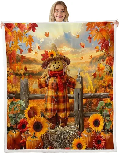 Miniatura 12 de Manfei Hello Fall Throw Blanket Pumpkin Maple Leaf Plaid Patchwork Fleece Blanket Autumn Theme Cozy Throws for Bed Couch Sofa,Kids Boys Girls Room