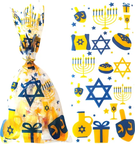 Hanukkah - Bolsas de dulces de Janucá, bolsas de regalo de Janucá, bolsas de regalo de celofán de plástico de celofán para fiestas judías de Janucá,