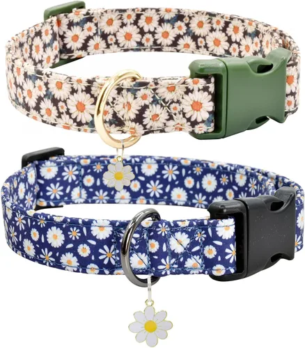 Miniatura 10 de 2 collares de algodón para perro, suaves y lindas flores, 3 tamaños, collar de nailon suave ajustable para hembras, perros pequeños, medianos
