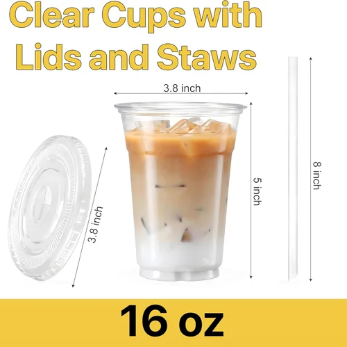 Miniatura 2 de Plastic Clear Cups [12 oz] with Lids and Straws [10 Set] Disposable Cold Beverage Drinking Iced Coffee Water Juice Tea Party Travel Cafe School