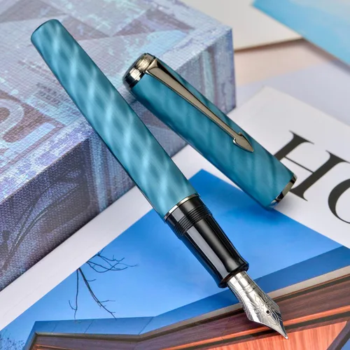 Miniatura 5 de Hongdian A9 - Pluma estilográfica de gran tamaño No.8 con punta extrafina, alimentación de ebonite, patrón azul moiré, diseño único con convertidor