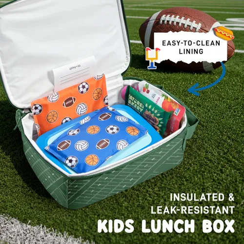 Miniatura 6 de Fit & Fresh Lonchera personalizable con dije para niños y niñas, lonchera infantil de fútbol con 6 dijes deportivos, bolsa de almuerzo reutilizable