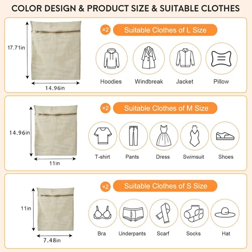 Miniatura 4 de Bolsa de 6 piezas, bolsa de lavandería de malla de algodón duradera, cremallera resistente, malla transpirable, exquisita bolsa de lavandería