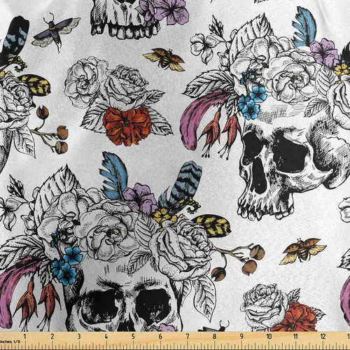 Miniatura 139 de Ambesonne The Yard, tela de calavera colorida con temática de Halloween, diseño de calavera y huesos cruzados, divertido estampado de dibujos