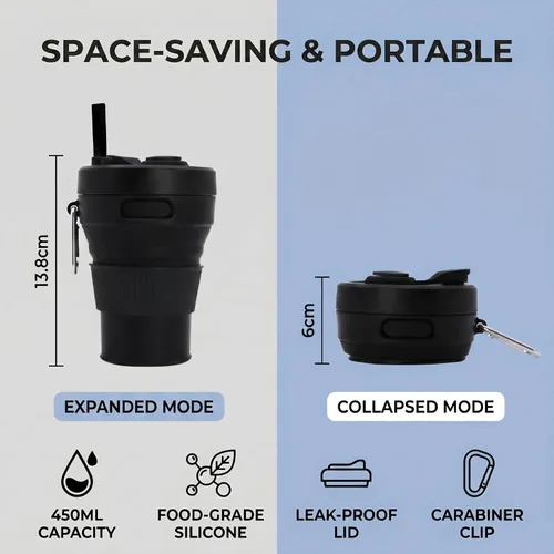 Miniatura 3 de Taza de café de silicona plegable para camping, viajes, con pajita, reutilizable, portátil, para senderismo, al aire libre, 15.2 fl oz