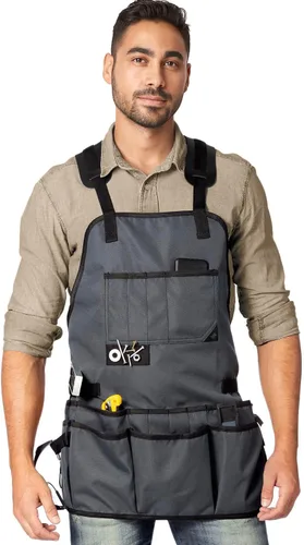 Under NY Sky Delantal de herramientas – Soporte magnético para herramientas – Lona Oxford gris resistente – Parte trasera cruzada – 18 bolsillos –