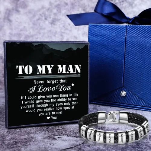 Miniatura 3 de Pulsera trenzada negra personalizada para hombre, pulsera personalizada con 1-8 cuentas personalizadas, nombres de la familia, joyería para hombres