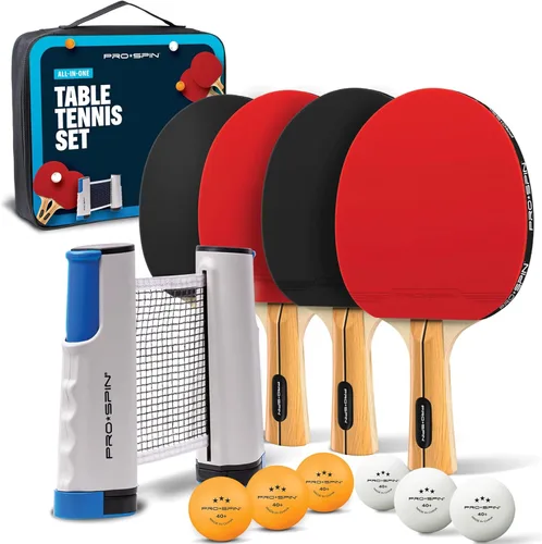 PRO-SPIN Juego de ping pong portátil con red retráctil para cualquier mesa, juego de tenis de mesa todo en uno con paletas de ping pong, pelotas y