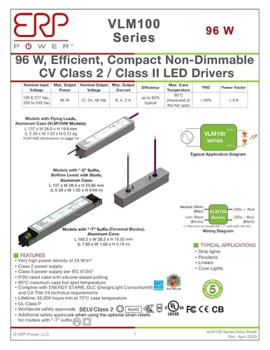Miniatura 3 de SIRS-E ERP VLM100W-24 Voltaje constante DC Power Compact LED Driver 24V 4A 96W UL Clase P para luces LED e iluminación
