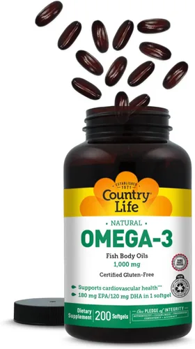 Miniatura 8 de Country Life Suplemento de aceite de pescado omega-3, 1000 mg, 180 mg de EPA y 120 mg de DHA, concentrado de aceite de pescado, sin erupciones, 200