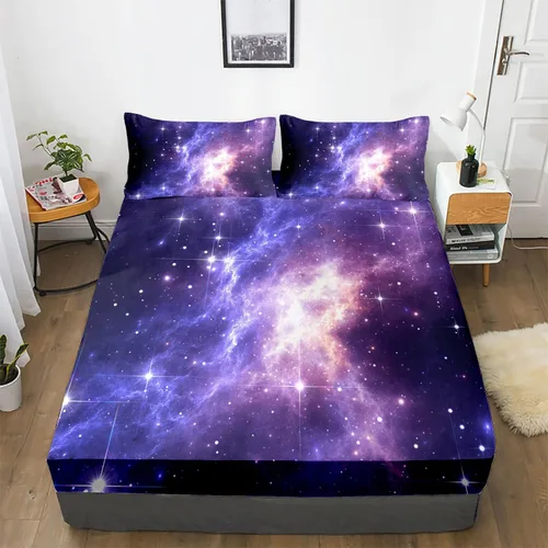Miniatura 9 de Juego de sábanas bajeras de galaxia para niñas y niños, 2 piezas, 1 sábana de bolsillo profundo con 1 funda de almohada de microfibra sin arrugas