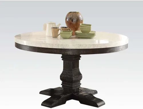 Miniatura 4 de Juego de muebles de cocina con tapa de mármol blanco juego de mesa de comedor de madera (mesa redonda+6 sillas)