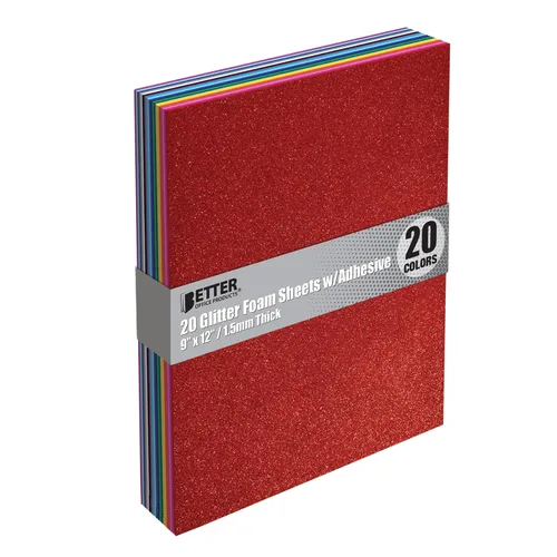 Better Office Products - Paquete de 20 hojas de espuma con purpurina con respaldo adhesivo, 9 x 12 pulgadas, 20 colores surtidos, para artes y