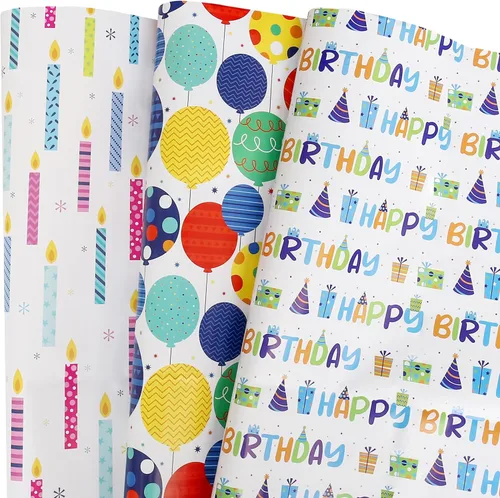 BULKYTREE Papel de regalo de cumpleaños para niños, niñas, niños, hombres y mujeres, fiestas de vacaciones, 3 hojas grandes, globos de colores