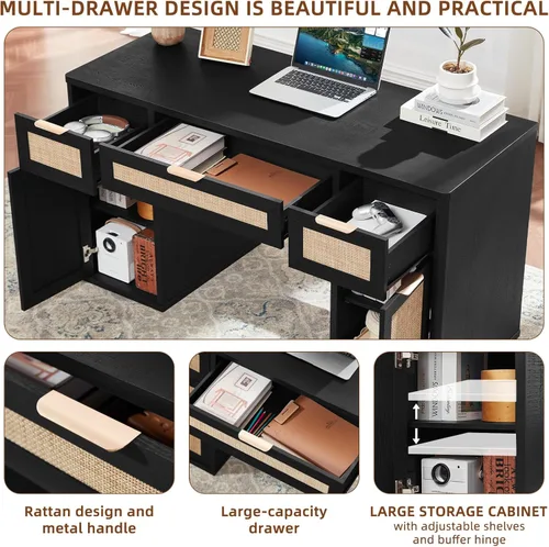 Miniatura 4 de LEYAOYAO Office Desk 56" with 5 Drawers Storage File Cabinet Rattan Wood Desk for Computer Office Bedroom Home Furniture Black