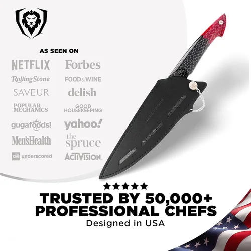 Miniatura 6 de Dalstrong Cuchillo de chef de 8 pulgadas - Serie Scorpion - Acero V12 Ultra™ japonés exclusivo - Damasco negro - Mango de resina negra y roja