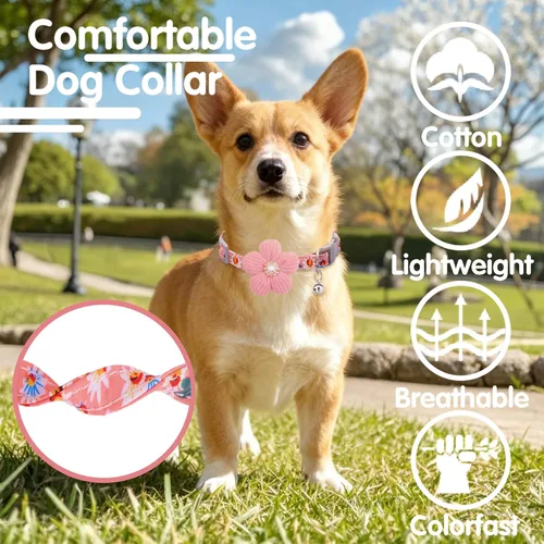 Miniatura 4 de Collar para perro mediano con flor, collares de perro para perros medianos Collar para niña Collar de perro lindo con campana, longitud ajustable